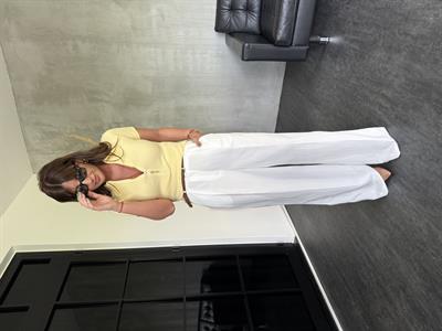 Hasır Kemerli , Beyaz , Premium Keten , Palazzo