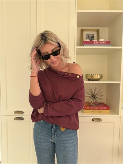 Orijinal Marka Omzu Gold Düğmeli Bordo Modal Bluz
