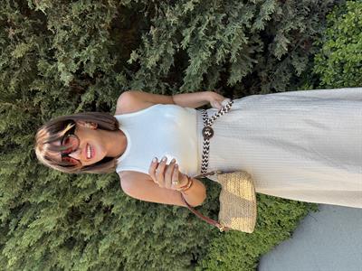 Hasır Kemerli , İçi Astarlı , Premium Bej & Beyaz Mix Elbise