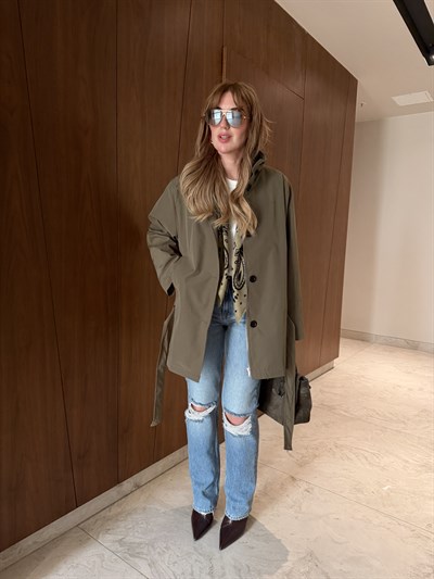 Orijinal Model , Belden Bağlamalı , Dik Yaka , Haki Trençkot