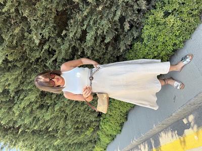 Hasır Kemerli , İçi Astarlı , Premium Bej & Beyaz Mix Elbise