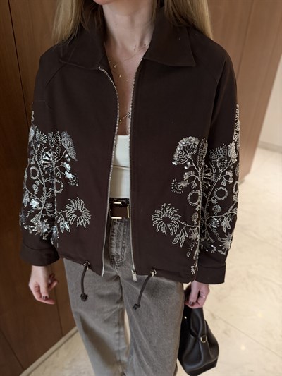 Pul & Taş İşlemeli , Acıkahve , Premium Gabardin Ceket