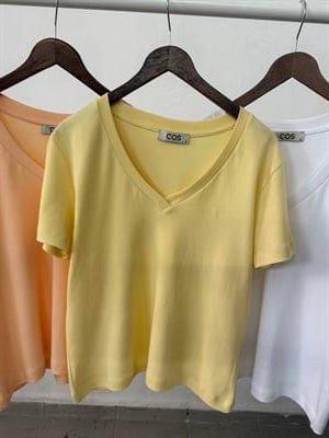 Orijinal Marka %100 Cotton Sarı V Yaka T-shirt