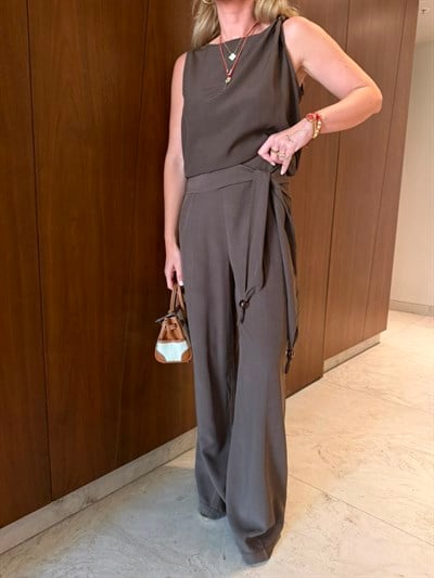 Orijinal Model , Omzu Boncuk Detaylı Bluz & Pantolon , Acıkahve Tencel Takım