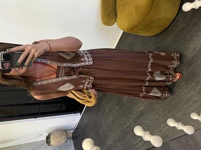 Ekru Nakış İşlemeli , Yelekli , Premium , Acı Kahve Elbise
