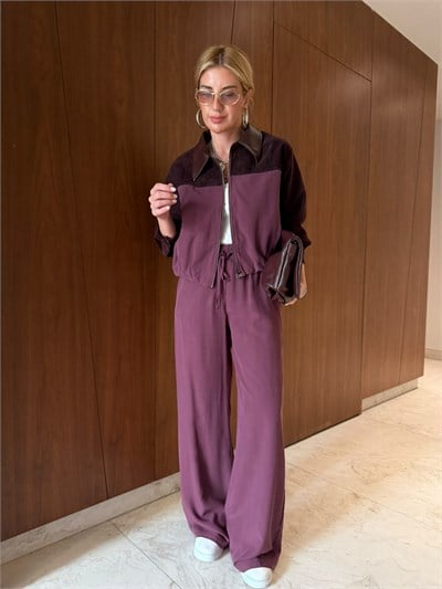 Orijinal Model , Deri Yakalı , Kadife Detaylı , Mürdüm Tencel Takım