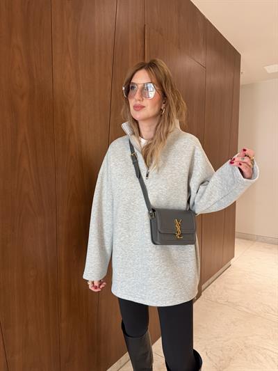 Yarım Fermuarlı , Yumuşacık , Gri Sweatshirt