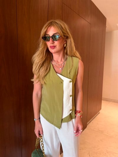 Orijinal Model , Tasarım Düğme Detaylı , Yağ Yeşili & Ekru , Tencel Takım