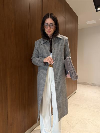 Orijinal Marka , Çizgili , Gri Kaşe Kaban