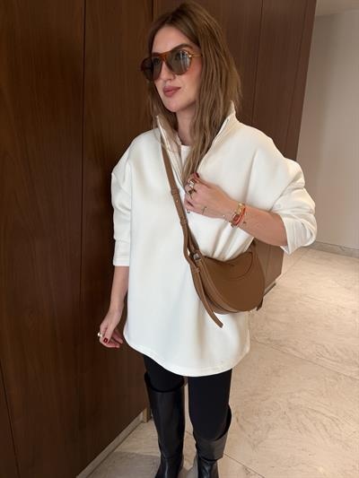 Yarım Fermuarlı , Yumuşacık , Ekru Sweatshirt