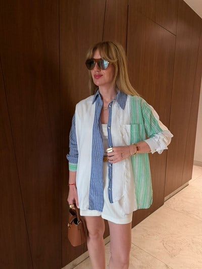 %100 Cotton , Yeşil & Mavi Şeritli , Tasarım Gömlek