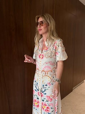 Polo Yaka , Çiçek Desenli , Önden Dügmeli Keten Elbise