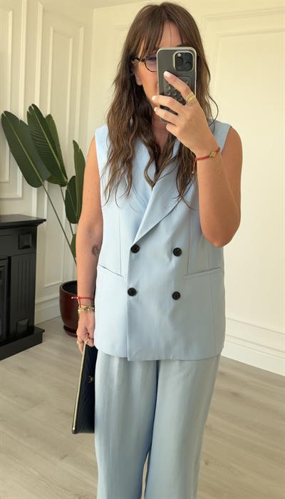 Blazer Yelek & Pantolonlu , Bebe Mavisi Premium Takım