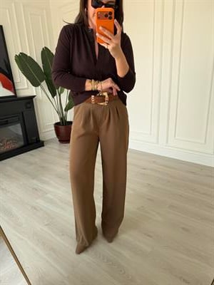 Arka Beli Lastikli , Gold Düğmeli , Açık Kahve , Krep Palazzo