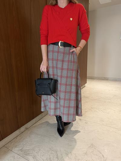 Gold Deri Kemerli , Kırmızı & Siyah Ekoseli , Premium Çan Etek