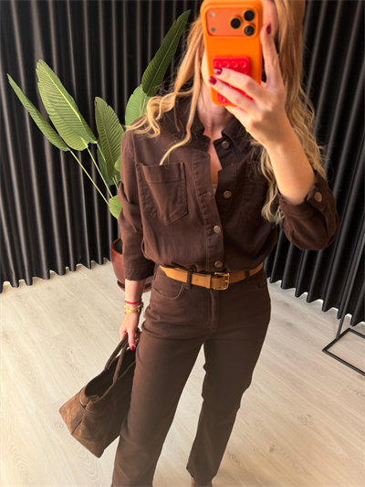 Süet Kemerli, Beli Lastikli, Likralı Acıkahve Premium Tulum