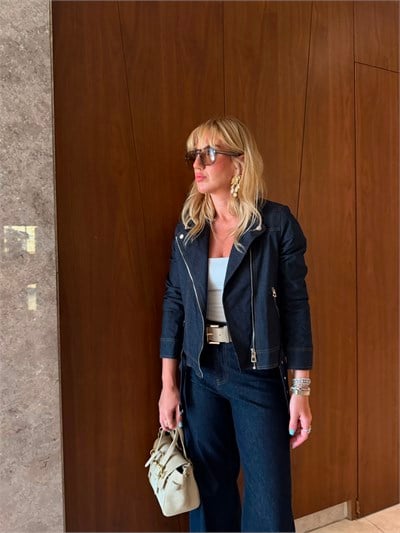 İçi Ekoseli , Premium Kalite , Lacivert , Biker Jean Ceket