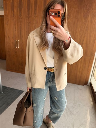 Orijinal Model , Tek Düğmeli , Premium Bej Blazer Ceket