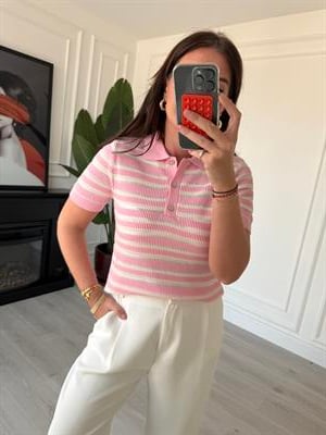 Pembe & Ekru Çizgili , Polo Yaka , Merserize