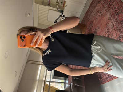 Orijinal Marka , Yakası Taşlı , Vatkalı Lacivert Modal T-shirt
