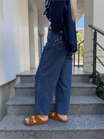Cepleri Taşlı , Lacivert Mom Jean