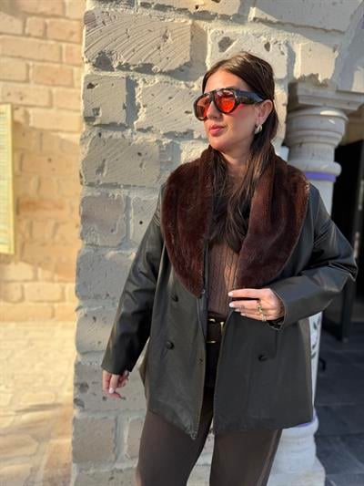 Yakası Çıkabilir Kürklü , Acı Kahve , Kruvaze Deri Mont