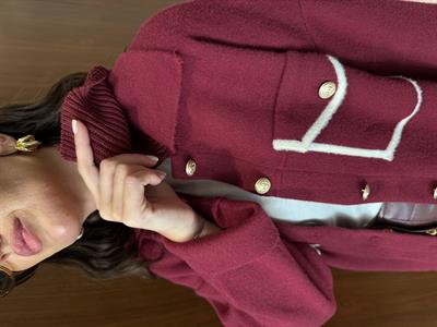 Gold Düğmeli , Çıkarılabilir Yakalı , Bordo , Kaşe Triko Ceket