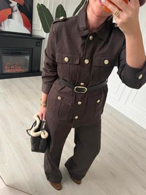 Düğme Detaylı, Kemerli Acıkahve Ceket & Pantalon Takım