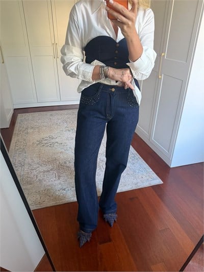 Cebi Taş İşlemeli , Koyu Lacivert , Tencel Jean Pantolon