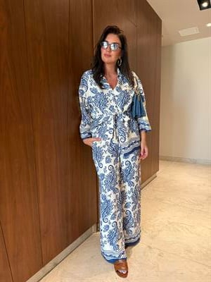 Mavi Desenli , Pantolon & Gömlek , Saten Takım