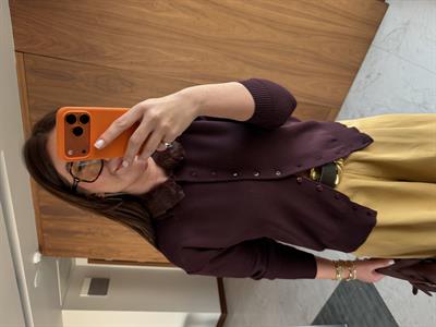 Premium Kalite , Çıkarılabilir Kürk Yakalı , Mürdüm Triko Hırka