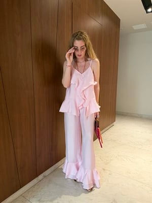 Askılı Fırfır Detaylı , Pembe , Bluz & Pantolon , Tiril Takım