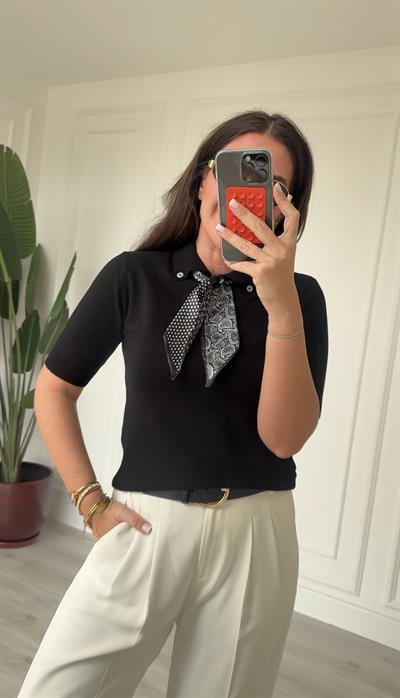 Özel İplik , Polo Yaka , Fularlı , Siyah Triko