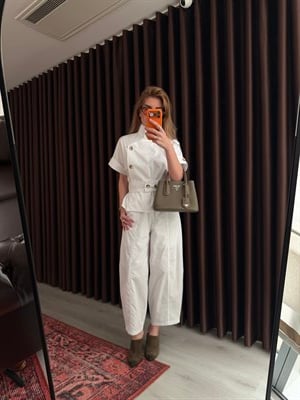 Dik Yaka , Düğme Detaylı , Premium Ekru Takım