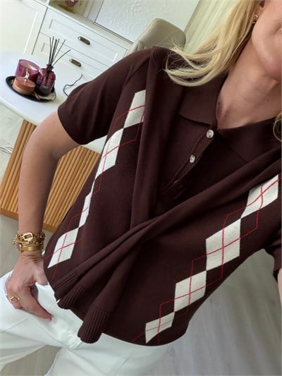 Acıkahve Çıkabilir Şal Detaylı, Polo Yaka, Baklava Desenli Premium Triko