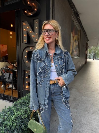 Twist Model Taş İşlemeli Jean Ceket & Pantolon Takım 