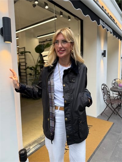 Orijinal Model Kadife Yaka Lacivert Yağlı Dokulu Mont