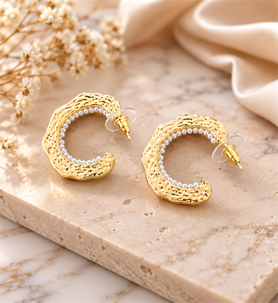 Mini Sıralı İncili , Gold Küpe