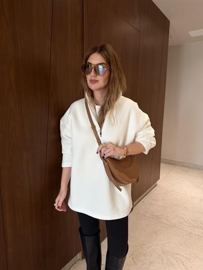 Yarım Fermuarlı , Yumuşacık , Ekru Sweatshirt
