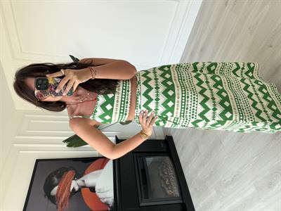 Yeşil Geometrik Desenli , Crop & Etek Takım