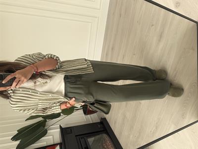 Haki, Beli Lastikli, Gabardin Tencel Premium Palazzo Pantolon