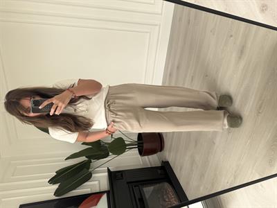 Bej, Beli Lastikli, Gabardin Tencel Premium Palazzo Pantolon