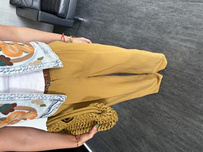 Hasır Kemerli , Yağ Yeşili , Premium Keten , Palazzo