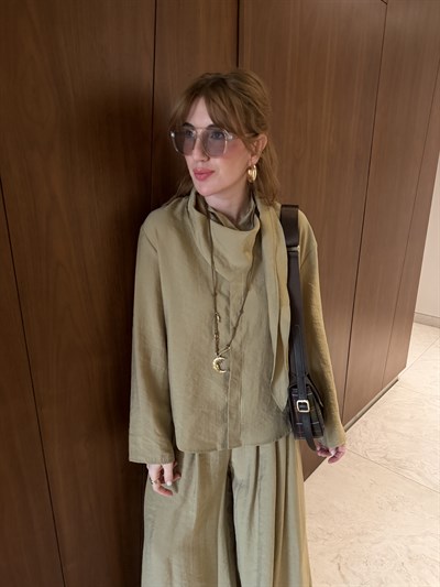 Yağ Yeşili Orijinal Model Fular Yakalı Gömlek & Pantalon Premium Tencel Takım