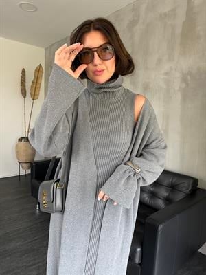 Gri , Hırkalı , Elbise Triko Takım