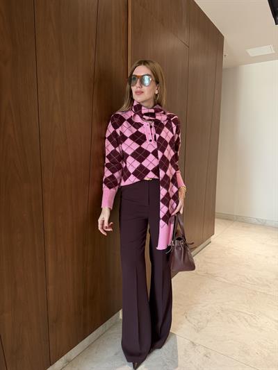 Pembe & Bordo Baklava Desenli , Yumuşacık Atkılı Triko