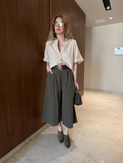 %100 Cotton , Kısa Kollu , Bej Poplin Gömlek