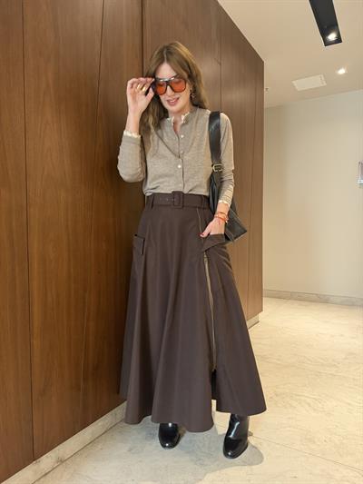 Orijinal Model , Fermuar Yırtmaçlı , Acıkahve Kemerli Etek