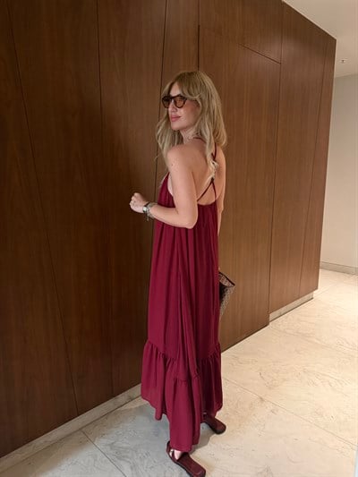 Sırtı Taş Aksesuarlı , Askılı Bordo Elbise