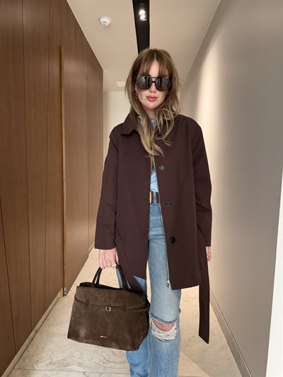 Orijinal Model , Belden Bağlamalı , Dik Yaka , Acıkahve Trençkot